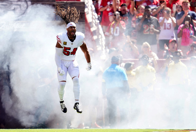 The San Francisco 49ers'; middle linebacker Fred Warner takes the field for the game against the Arizona Cardinals at Levi's Stadium, California on September 21, 2025. (Photo by Cary Edmondson/Reuters)
