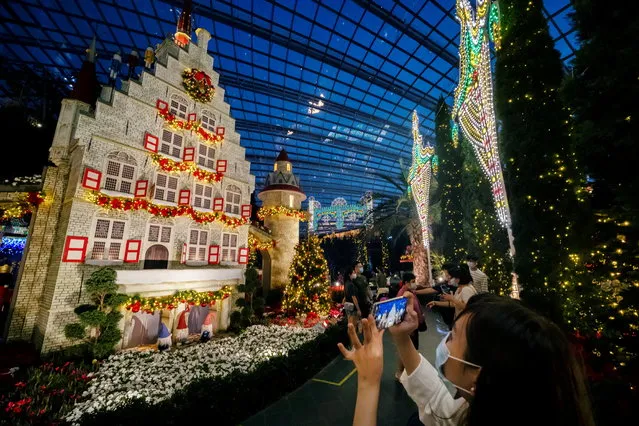 A visitor wearing a protective mask as a preventive measure against the coronavirus disease (COVID-19) takes photos while viewing the Poinsettia Wishes floral display, as part of the Christmas celebrations at Gardens by the Bay in Singapore, December 20, 2020. (Photo by Loriene Perera/Reuters)