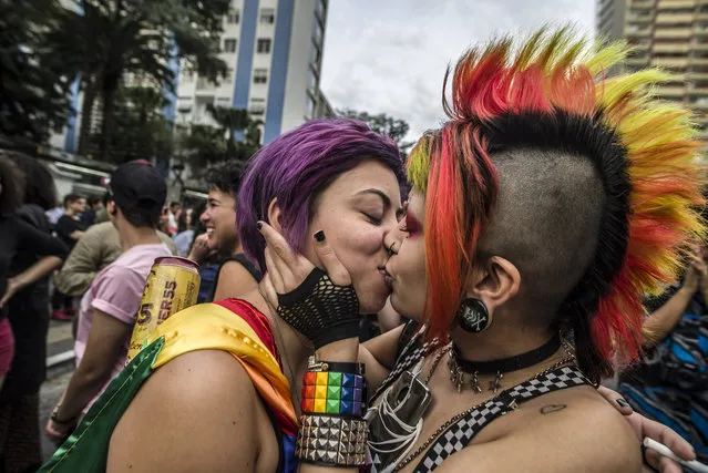 Activists participate in the Walk of Lesbian and Bisexual Women in Paulista Avenue, SP. The act was organized by the LGBT (lesbian, gay, bisexual and transgender) in São Paulo, Brazil, on June 2, 2018. (Photo by Cris Faga/NurPhoto via Getty Images)