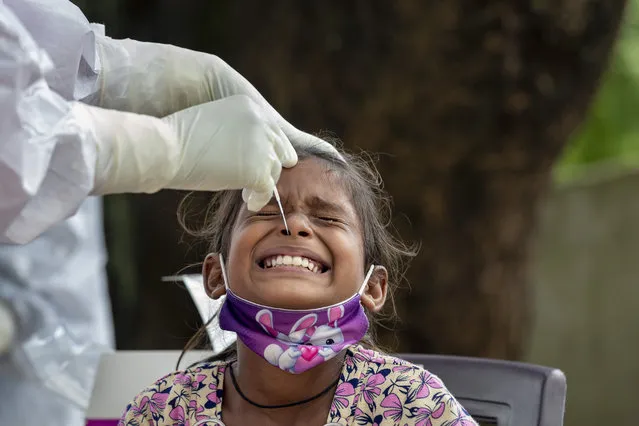 An Indian girl cries as a medical worker collect her swab sample for COVID-19 test at a rural health center in Bagli, outskirts of Dharmsala, India, Monday, September 7, 2020. India's coronavirus cases are now the second-highest in the world and only behind the United States. (Photo by Ashwini Bhatia/AP Photo)