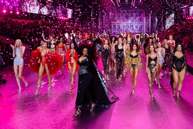 American model and TV personality Tyra Banks leads models on a runway walk during the Victoria’s Secret Fashion Show on Tuesday, October 15, 2024. The show was returning after a six-year hiatus. (Photo by TheStewartofNY/FilmMagic via Getty Images)