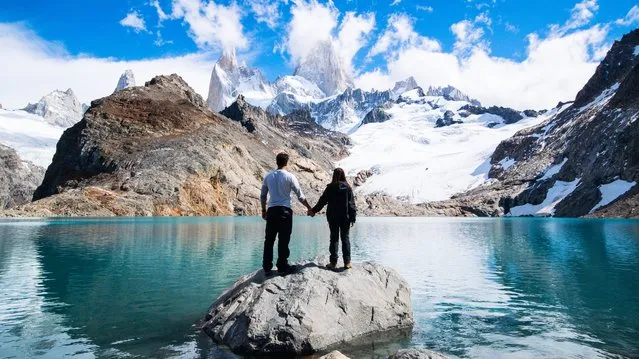 “My wife and I looking towards Mount Fitz Roy at Laguna de los Tres at the end of a five-hour trek in the Patagonian wilderness. On arriving at the highest point of the path, we were rewarded with unforgettable views of the majestic “smoking mountain”. We spotted this boulder in the azure glacier melt water and had to jump on to it for a photo”. (Photo by Tariq Benson/Guardian Witness)