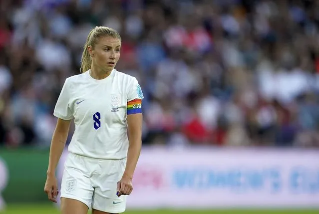 England's Leah Williamson looks out during their Women Euro 2022 semi final soccer match against Sweden at Bramall Lane Stadium in Sheffield, England, July 26, 2022. Half of this year’s honors went to women, including members of England’s Euro 2022-winning soccer team and the first woman to lead a major UK bank. Lionesses captain Leah Williamson received an OBE, while her teammates Lucy Bronze, Beth Mead and Ellen White were all made MBEs. (Photo by Jon Super/AP Photo)