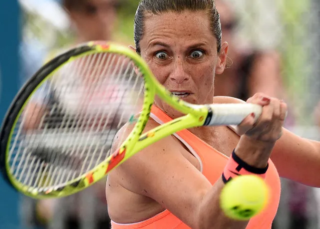 Roberta Vinci of Italy hits a return against Japan's Misaki Doi in their women's second round match at the Brisbane International tennis tournament in Brisbane on January 4, 2017. (Photo by Saeed Khan/AFP Photo)