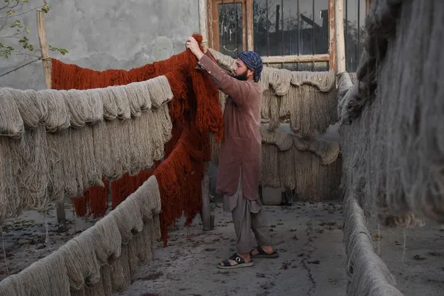 A workers hangs dyed wool threads for drying at a traditional yarn factory in Aqcha district of Jowzjan province, some 100 Km from Mazar-i-Sharif on December 5, 2023. (Photo by Atif Aryan/AFP Photo)