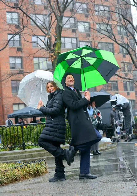 American actors Mariska Hargitay and Peter Scanavino are seen at the film set of the “Law and Order: Special Victims Unit” TV Series on March 05, 2024 in New York City. (Photo by Jose Perez/Bauer-Griffin/GC Images)