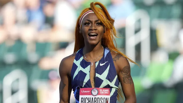 In this June 19, 2021 photo, Sha'Carri Richardson celebrates after winning the first heat of the semis finals in women's 100-meter runat the U.S. Olympic Track and Field Trials in Eugene, Ore. Richardson cannot run in the Olympic 100-meter race after testing positive for a chemical found in marijuana. Richardson, who won the 100 at Olympic trials in 10.86 seconds on June 19, told of her ban Friday, July 2 on the “Today Show”. (Photo by Ashley Landis/AP Photo)