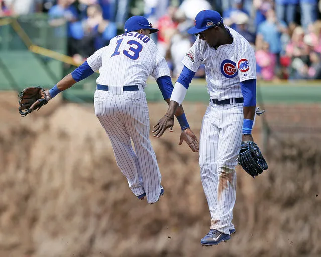 Chicago Cubs Starlin Castro, left, and Junior Lake celebrate after the Chicago Cubs defeated the St. Louis Cardinals in a baseball game on Saturday, May 3, 2014, in Chicago. The Cubs won 3-0. (Photo by Andrew A. Nelles/AP Photo)