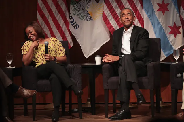 Dr Tiffany Brown laughs as she relates her first experience meeting former U.S. President Barack Obama during a forum at the University of Chicago held to promote community organizing on April 24, 2017 in Chicago, Illinois. The visit marks Obama's first formal public appearance since leaving office. (Photo by Scott Olson/Getty Images)