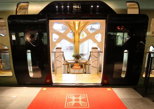 This picture taken on March 16, 2017 shows an entrance of the Train Suite Shiki- Shima, operated by East Japan Railway, in Tokyo during a press preview. (Photo by AFP Photo/JIJI Press)