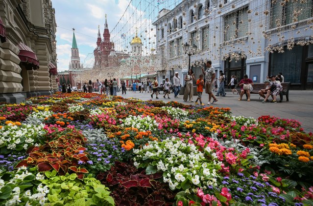 People walk past flowers planted as part of the urban landscape design festival “Summer in Moscow. Gardens and flowers” in Moscow, Russia, 12 July 2024. More than 650 flower objects and 50 exhibition gardens decorate Moscow. The festival will last until 08 September 2024. (Photo by Yuri Kochetkov/EPA)