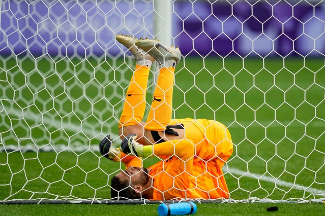 Egypt's goalkeeper Hamza Alaa reacts after Spain scored his first goal during a men's group C soccer match between Spain and Egypt at Bordeaux Stadium, during the 2024 Summer Olympics, Tuesday, July 30, 2024, in Bordeaux, France. (Photo by Moises Castillo/AP Photo)