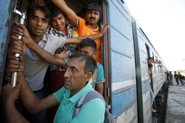 In this photo taken on Thursday, July 23, 2015 migrants  enter a train to Serbia at the railway station in the southern Macedonian town of Gevgelija. (Photo by Boris Grdanoski/AP Photo)