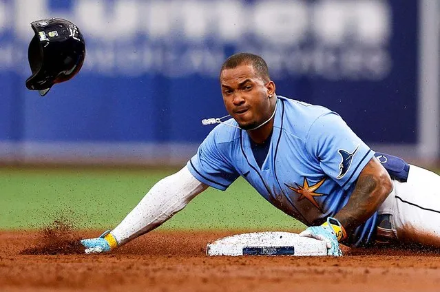 Tampa Bay Rays shortstop Wander Franco (5) steals second base against the Baltimore Orioles in the first inning at Tropicana Field in St. Petersburg, Florida on April 10, 2022. (Photo by Nathan Ray Seebeck/USA TODAY Sports)