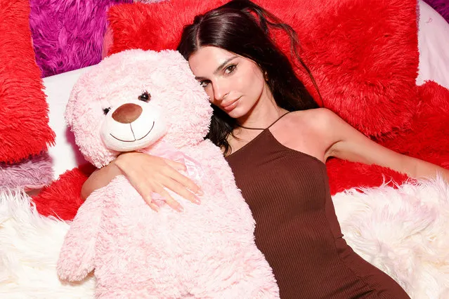 American model Emily Ratajkowski cuddles up with Teddy surrounded by all the trappings of coziness in Hôtel Hennes, New York City on June 21, 2022. (Photo by Madison McGaw/BFA.com)