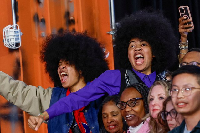 Supporters of the Democratic presidential nominee and U.S. Vice President Kamala Harris react during the Harris-Walz campaign community event at The Alan Horwitz “Sixth Man” Center, a youth basketball facility, as she campaigns in Philadelphia, Pennsylvania, U.S. October 27, 2024. (Photo by Evelyn Hockstein/Reuters)