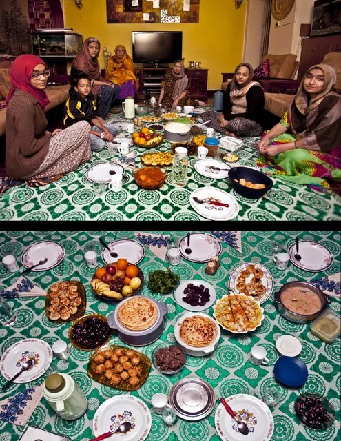 This combination of two photos taken on July 6, 2014, shows a Muslim family waiting to break their fast, top, and their meal, bottom, during the holy month of Ramadan in Nairobi, Kenya. (Photo by Sayyid Azim/AP Photo)