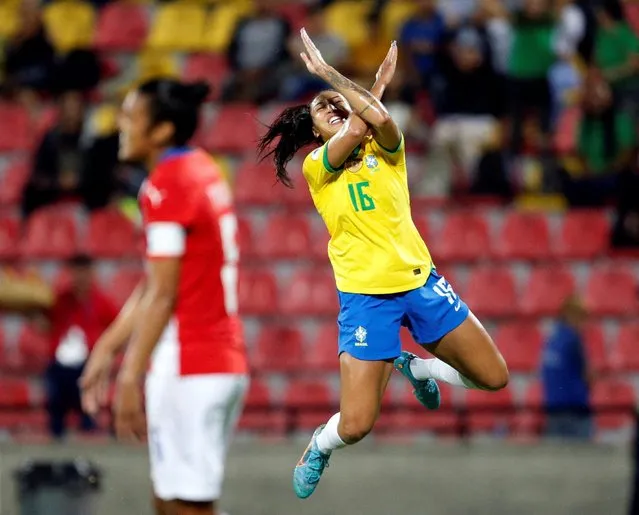 Bia Zaneratto of Brazil celebrates after scoring the second goal of her team during the Women's CONMEBOL Copa America 2022 Semi Final match between Brazil and Paraguay at Estadio Alfonso Lopez on July 26, 2022 in Bucaramanga, Colombia. (Photo by Mariana Greif/Reuters)