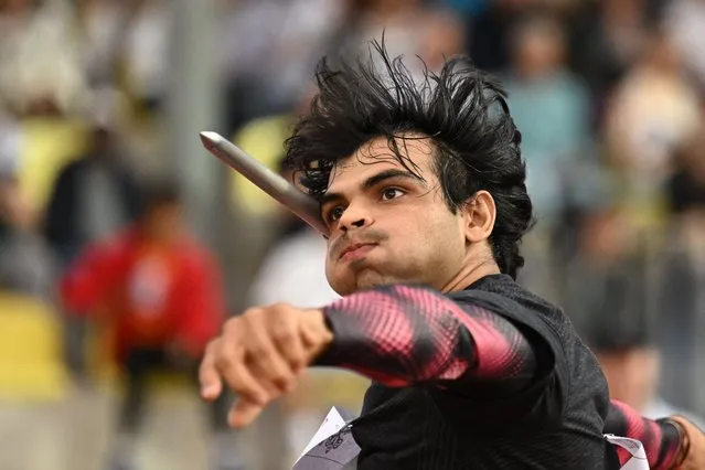 India's Neeraj Chopra competes in the men's javelin event during the Diamond League athletics meeting at Stade Olympique de la Pontaise in Lausanne on August 26, 2022. (Photo by Fabrice Coffrini/AFP Photo)
