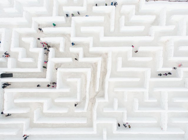 An aerial view of the people trying to find their way out of the world's biggest snow maze in Zakopane, Poland, on February 12, 2025. The snow maze idea was created for the first time in the winter season of 2015/2016 with an area of 2500 square meters and was already consider the biggest snow maze in the world. This season the organization increased the size to 3000 square meters and still keeps the title of the biggest snow maze in the world. Poland winter capital, is struggling with the winter season as snowfalls are more rare and temperatures are above positive. (Photo by Omar Marques/Anadolu via Getty Images)