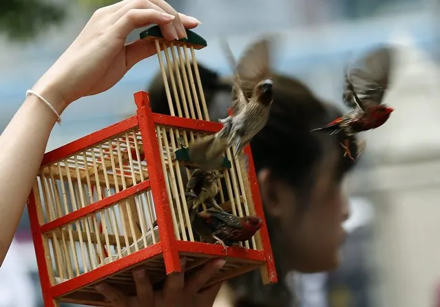 A woman releases birds from a cage on the one year anniversary of a deadly bomb blast at the Erawan shrine in Bangkok, Thailand, 17 August 2016. A bomb exploded at the Erawan Shrine on 17 August 2015 and killed 20 people and injured more than 100, while two foreign bomb suspects were arrested and are on trial by the Thai military court. A series of bomb attacks on 12 August 2016 in several tourist towns killed four people and left more than 20 people injured, including foreign tourists. (Photo by Narong Sangnak/EPA)
