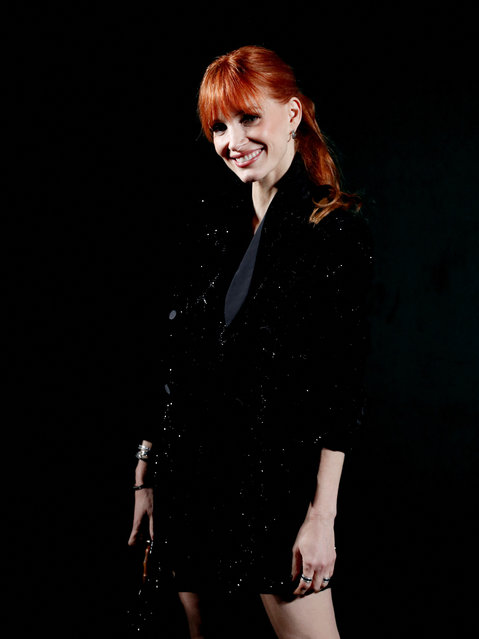 American actress Jessica Chastain presents a creation from the Gucci Fall-Winter 2025/2026 collection during Fashion Week in Milan, Italy, on February 25, 2025. (Photo by Alessandro Garofalo/Reuters)