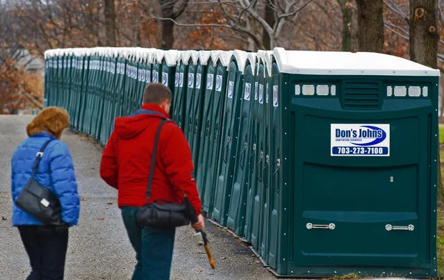 Rows and rows of portable toilets are stacked around the US Capitol and the National Mall on January 11, 2009, set up for the January 20, 2009 inauguration of the US president-elect Barack Obama. Reports say 5,000 portable toliets have been ordered, but not enough for the millions of people expected to attend. (Photo by Paul J. Richards/AFP Photo)