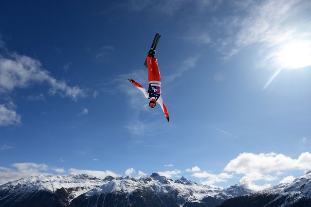 Pirmin Werner of Team Switzerland warms up during Mixed Team Aerials during Day 11 of the FIS Snowboard, Freestyle and Freeski World Championships 2025 on March 27, 2025 in St Moritz, Switzerland. (Photo by David Ramos/Getty Images)