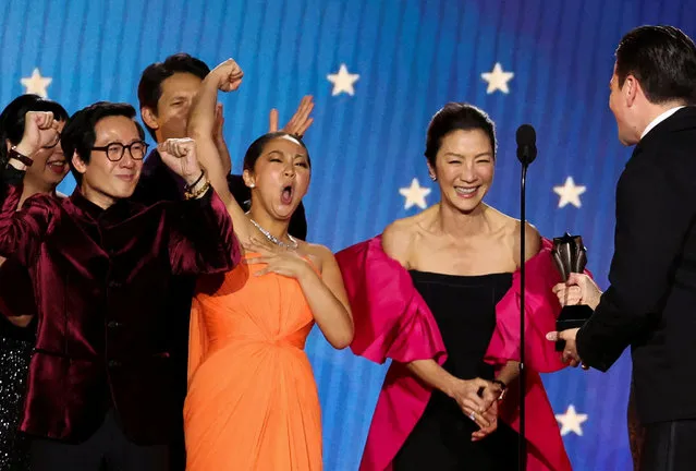 Michelle Yeoh, Ke Huy Quan, Stephanie Hsu and Jonathan Wang react as they accept the Best Picture award for “Everything Everywhere All at Once” during the 28th annual Critics Choice Awards in Los Angeles, California, U.S., January 15, 2023. (Photo by Mario Anzuoni/Reuters)