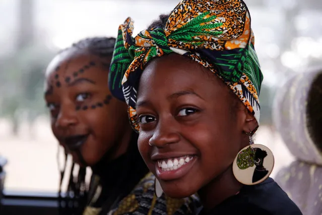 Ron Clark Academy 7th graders Maya Copeland (L) and Nevaeh Williams ride a bus back to school after watching the film “Black Panther” at Atlantic Station theaters in Atlanta, Georgia on February 22, 2018. (Photo by Chris Aluka Berry/Reuters)