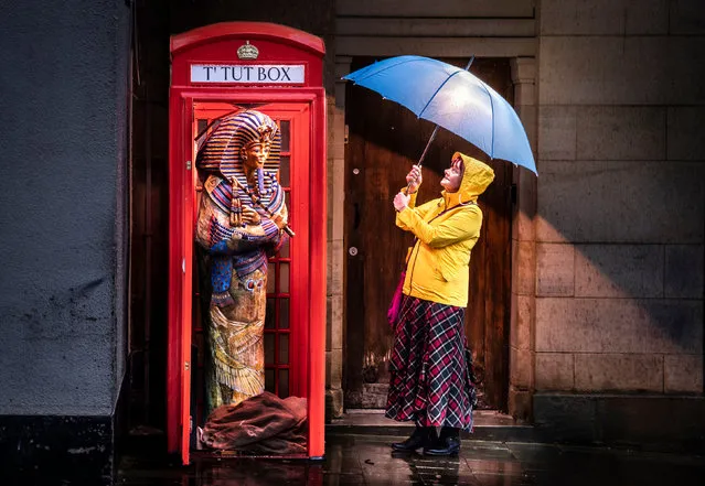 Lesley Sutcliffe shelters from the rain next to a life-sized replica of the innermost coffin of King Tutankhamun by artist Amanda Stoner as it goes on display inside a traditional red telephone box which has been converted into museum, in Barnsley, South Yorkshire on Tuesday, November 15, 2022. The piece has been installed as part of Barnsley Museum's plan to showcase culture in unexpected places. (Photo by Danny Lawson/PA Images via Getty Images)