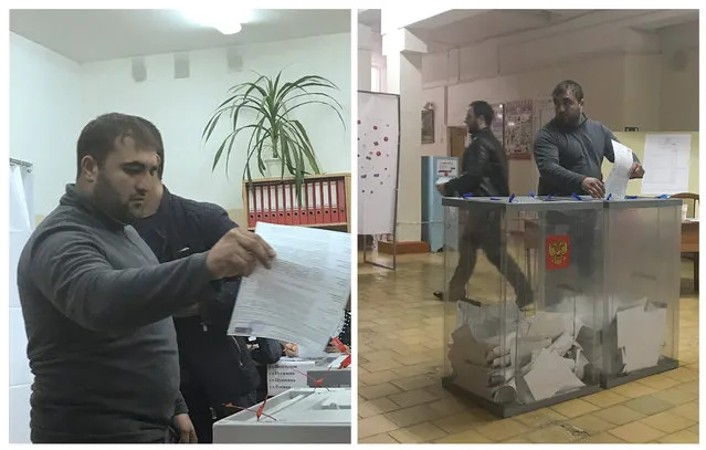 A combination picture shows a voter casting a ballot at a polling station number 217 (L) and casting a ballot at a polling station number 216, during the presidential election in Ust-Djeguta, Russia March 18, 2018. The voter declined to comment to Reuters reporter when asked why he was voting a second time, and left the building quickly. (Photo by Reuters/Staff)