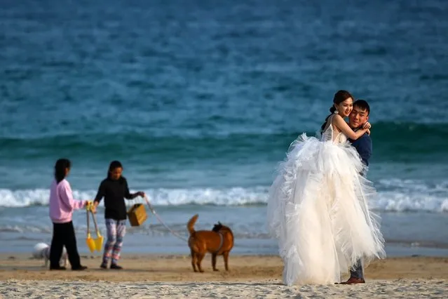 A couple pose for their wedding photographs while people walk their dog on a beach in Hong Kong on March 7, 2023. (Photo by Peter Parks/AFP Photo)