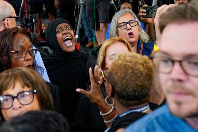 A pro-Palestinian protester shouts at U.S. President Joe Biden (not pictured) during a campaign event at Renaissance High School in Detroit, Michigan on July 12, 2024. (Photo by Elizabeth Frantz/Reuters)