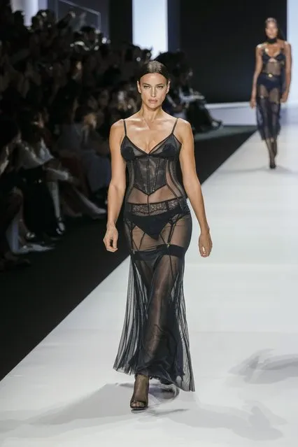 Russian model Irina Shayk wears a creation as part of the Dolce & Gabbana women's Spring Summer 2024 collection presented in Milan, Italy, Saturday, September 23, 2023. (Photo by Antonio Calanni/AP Photo)