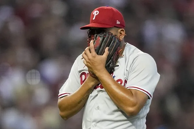 Philadelphia Phillies starting pitcher Ranger Suarez reacts after being taken out of the game against the Arizona Diamondbacks during the sixth inning in Game 3 of the baseball NL Championship Series in Phoenix, Thursday, October 19, 2023. (Photo by Brynn Anderson/AP Photo)
