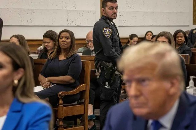 New York Attorney General Letitia James looks on as former U.S. President Donald Trump attends the Trump Organization civil fraud trial, in New York State Supreme Court in the Manhattan borough of New York City, U.S., October 25, 2023. (Photo by Dave Sanders/Pool via Reuters)