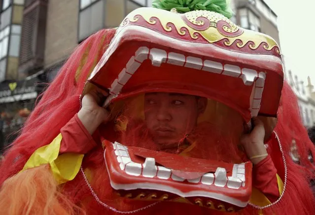 A man wears a costume during a parade to celebrate the Chinese Lunar New Year, which welcomes the Year of the Monkey, in Madrid, Spain, February 13, 2016. (Photo by Andrea Comas/Reuters)