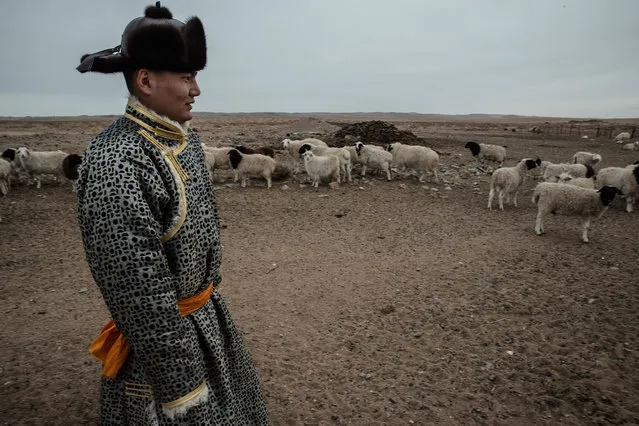 Chingele, a herder, wears a traditional Mongol costume to greet a neighbor for the New Year. Chingele was among a group of herders who went to Beijing to protest eviction from grazing lands to make room for an army training camp. (Photo by Gilles Sabrie/The Washington Post)