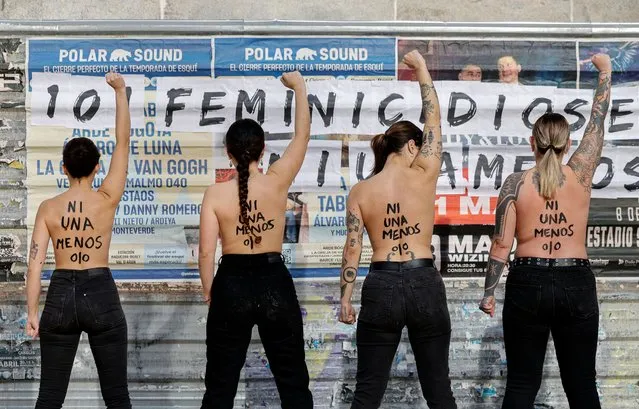 Activists of feminist group Femen stage a protest against feminicides in Spain at Plaza San Andres square in Madrid on January 27, 2024. (Photo by Oscar del Pozo/AFP Photo)