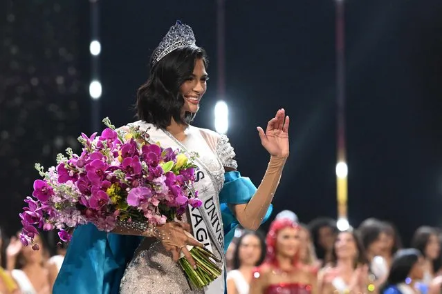 The newly crowned Miss Universe 2023, Sheynnis Palacios from Nicaragua, waves after winning the 72th edition of the Miss Universe pageant, in San Salvador on November 18, 2023. (Photo by Marvin Recinos/AFP Photo)