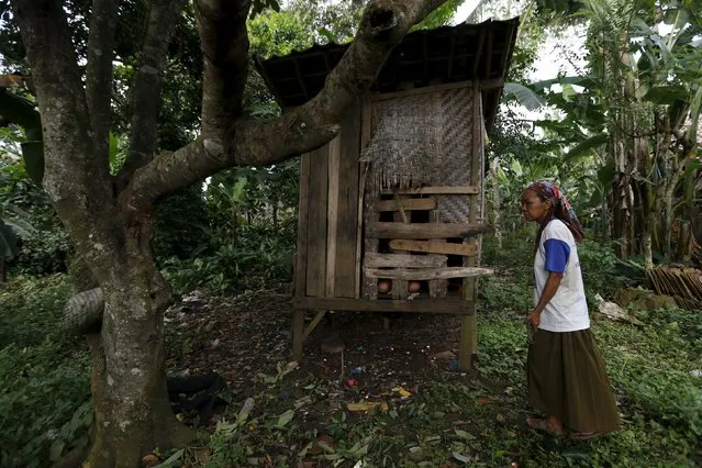 An Indonesian mother walks past a wooden hut on her property where her daughter, Jumiya, is locked up because her family said she was showing signs of a mental disorder, in Jambu village in Serang, Banten province, Indonesia March 23, 2016. (Photo by Reuters/Beawiharta)