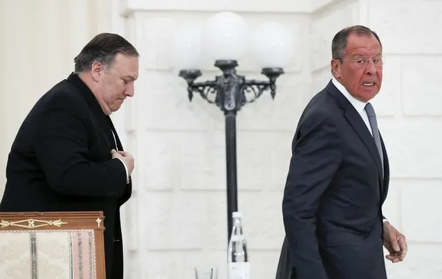 U.S. Secretary of State Mike Pompeo, left, and Russian Foreign Minister Sergey Lavrov leave their joint news conference following the talks in the Black Sea resort city of Sochi, southern Russia, Tuesday, May 14, 2019. Pompeo's first trip to Russia starts Tuesday in Sochi, where he and Russian Foreign Minister Sergey Lavrov are sitting down for talks and then having a joint meeting with President Vladimir Putin. (Photo by Pavel Golovkin/AP Photo/Pool)