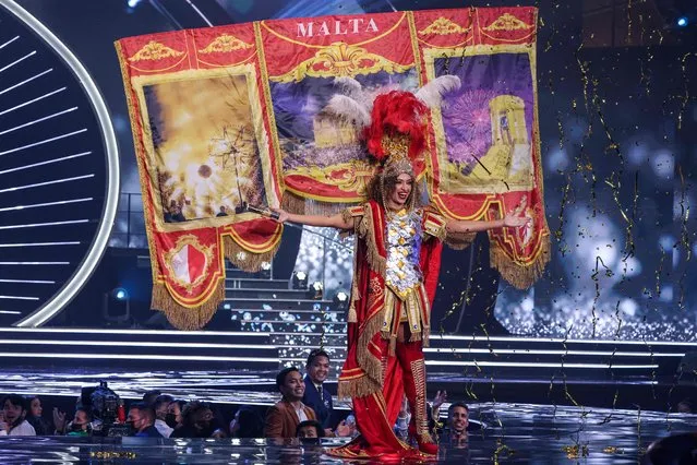 Miss Malta, Jade Cini, appears on stage during the national costume presentation of the 70th Miss Universe beauty pageant in Israel's southern Red Sea coastal city of Eilat on December 10, 2021. (Photo by Menahem Kahana/AFP Photo)