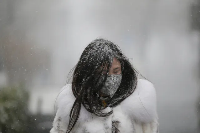 A woman walks along a road during a snowfall in Beijing, China February 21, 2017. (Photo by Jason Lee/Reuters)