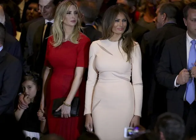 Republican U.S. presidential candidate Donald Trump's granddaughter Arabella (L), daughter Ivanka (C) and wife Melania (R) listen to him speak at his New York presidential primary night rally in Manhattan, New York, U.S., April 19, 2016. (Photo by Carlo Allegri/Reuters)