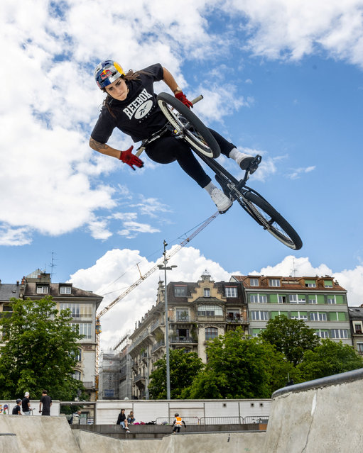 Olympic bronze medalist in BMX in Tokyo, Swiss athlete Nikita Ducarroz performs some tricks after an interview with Reuters ahead of Paris 2024 Olympic Games in Geneva, Switzerland, on May 22, 2024. (Photo by Denis Balibouse/Reuters)