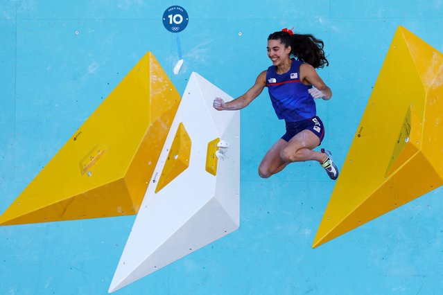 US' Brooke Raboutou recats after competing in the women's sport climbing lead final during the Paris 2024 Olympic Games at Le Bourget Sport Climbing Venue in Le Bourget on August 10, 2024. (Photo by Anushree Fadnavis/Reuters)