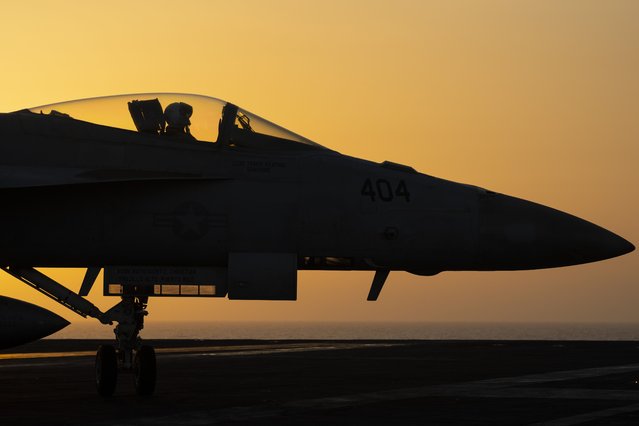 A fighter jet maneuvers on the deck of the USS Dwight D. Eisenhower in the Red Sea on Tuesday, June 11, 2024. (Photo by Bernat Armangue/AP Photo)