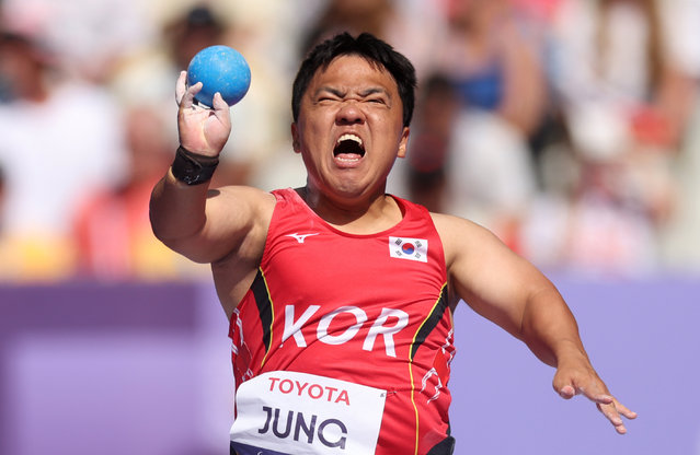 Jisong Jung of Team Republic of Korea competes during the Men's Shot Put F41 Final on day five of the Paris 2024 Summer Paralympic Games at Stade de France on September 02, 2024 in Paris, France. (Photo by Ezra Shaw/Getty Images)